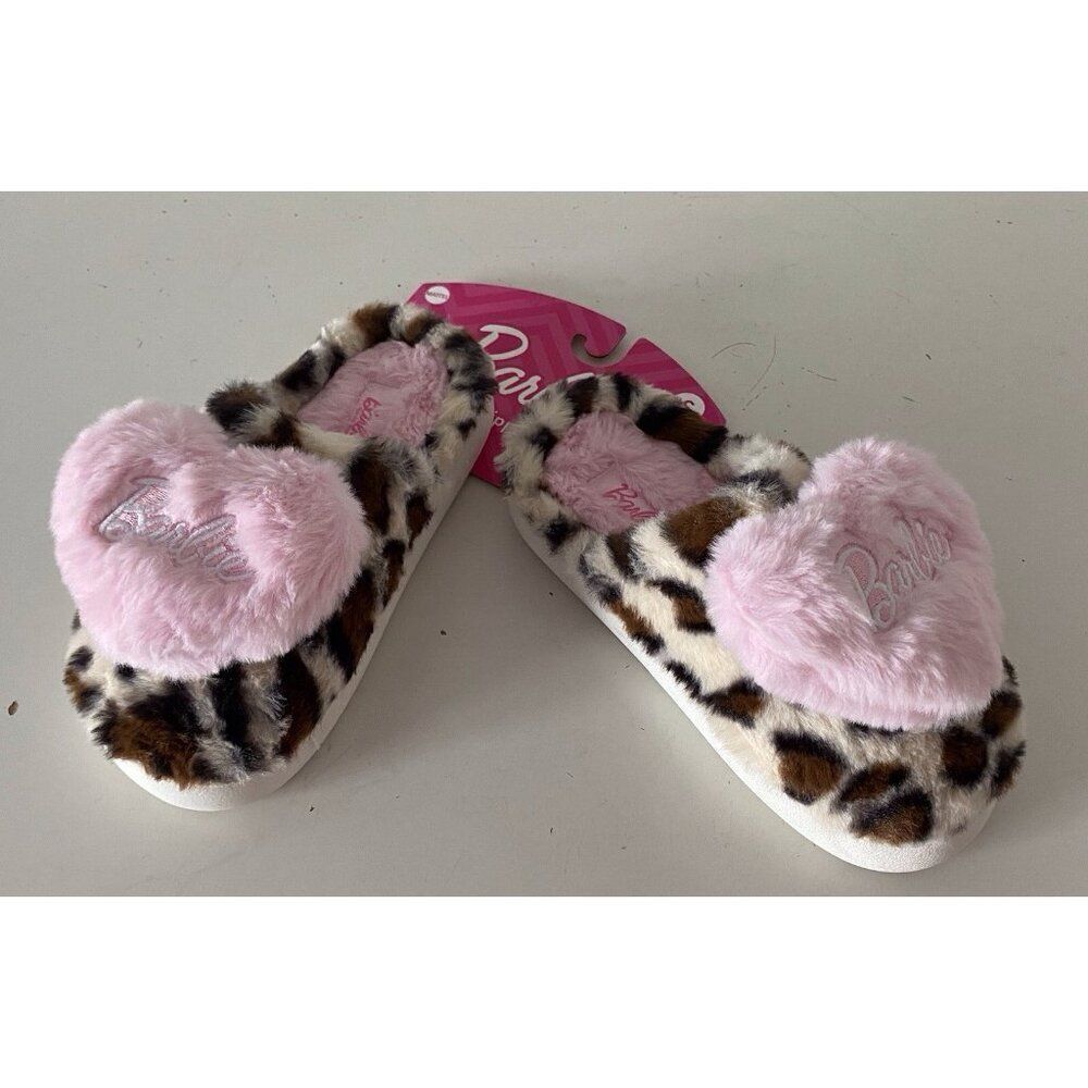 Barbie Leopard Print Pink‎ Heart Plush Faux Fur Slippers Women’s Size Small 5-6